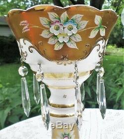 Antique Bohemian Czech Moser Glass Mantle Lustres Lusters Gilded Raised Enamel