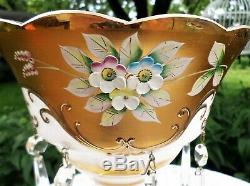 Antique Bohemian Czech Moser Glass Mantle Lustres Lusters Gilded Raised Enamel