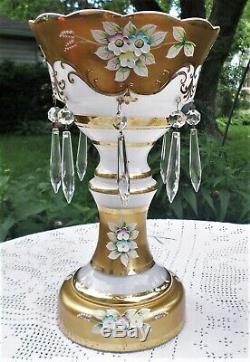 Antique Bohemian Czech Moser Glass Mantle Lustres Lusters Gilded Raised Enamel