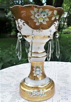 Antique Bohemian Czech Moser Glass Mantle Lustres Lusters Gilded Raised Enamel