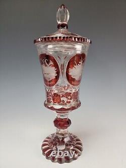 Antique Bohemian Egermann Engraved Ruby Glass Lidded Pokal Vase