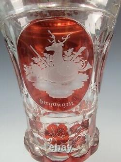 Antique Bohemian Egermann Engraved Ruby Glass Lidded Pokal Vase