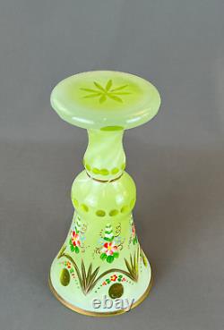 Antique Bohemian Enameled Floral Green Cut Overlay 8 ¼ Glass Vase