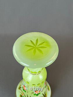 Antique Bohemian Enameled Floral Green Cut Overlay 8 ¼ Glass Vase