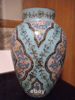Antique Bohemian Enameled Opaline Glass Vase Persian Style Moser Harrach c1900