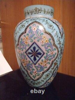 Antique Bohemian Enameled Opaline Glass Vase Persian Style Moser Harrach c1900