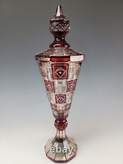 Antique Bohemian Engraved Ruby Glass Lidded Pokal Vase