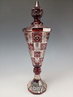 Antique Bohemian Engraved Ruby Glass Lidded Pokal Vase