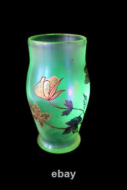 Antique Bohemian F. Heckert uranium glass enamel vase c 1895