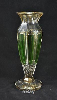 Antique Bohemian Gilt + Green Flashed Cut Glass Vase Attributed To Moser