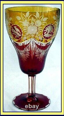 Antique Bohemian Glass Cut Engraved rare 3 Color Victorian Glass Goblet (2377)