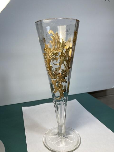 Antique Bohemian Gold Gilded Glass Trumpet Vase 10 1/2tall Very Nice