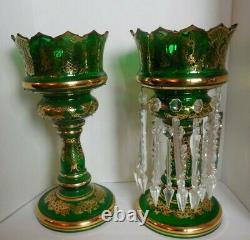 Antique Bohemian Green withGold Hurricane Candle Holders Crystal Prisms 19th c