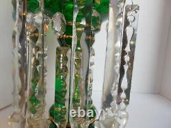 Antique Bohemian Green withGold Hurricane Candle Holders Crystal Prisms 19th c
