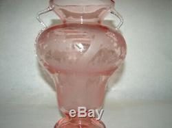 Antique Bohemian Hand Blown Pink Glass Handled Vase Engraved Deer 8 1/4