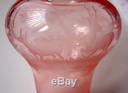 Antique Bohemian Hand Blown Pink Glass Handled Vase Engraved Deer 8 1/4