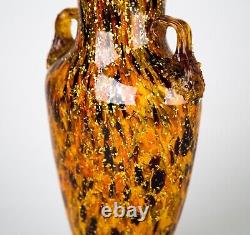 Antique Bohemian Harrach Art Glass Vase Thorn Handles Oxblood Amber Mica Flecks