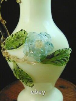 Antique Bohemian Harrach Art Glass Vase with Applied Blue Flower & Thorn Handle