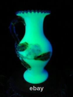 Antique Bohemian Harrach Art Glass Vase with Applied Blue Flower & Thorn Handle