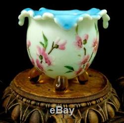 Antique Bohemian Harrach Blue Cased Hand Painted Enamel Floral Art Glass Vase