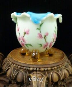 Antique Bohemian Harrach Blue Cased Hand Painted Enamel Floral Art Glass Vase
