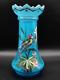 Antique Bohemian Harrach Blue Hand Painted Enamel Bird & Floral Art Glass Vase