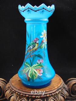 Antique Bohemian Harrach Blue Hand Painted Enamel Bird & Floral Art Glass Vase