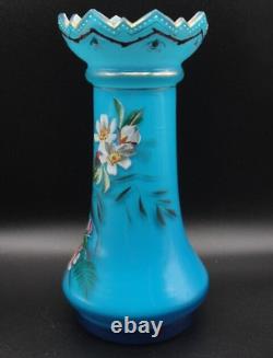 Antique Bohemian Harrach Blue Hand Painted Enamel Bird & Floral Art Glass Vase