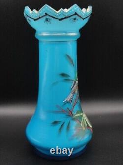 Antique Bohemian Harrach Blue Hand Painted Enamel Bird & Floral Art Glass Vase