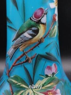 Antique Bohemian Harrach Blue Hand Painted Enamel Bird & Floral Art Glass Vase