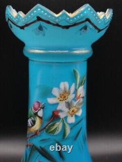 Antique Bohemian Harrach Blue Hand Painted Enamel Bird & Floral Art Glass Vase