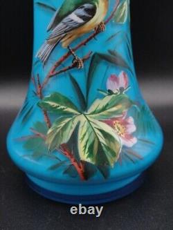 Antique Bohemian Harrach Blue Hand Painted Enamel Bird & Floral Art Glass Vase