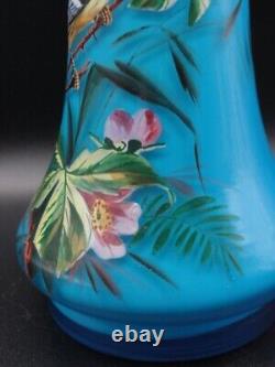 Antique Bohemian Harrach Blue Hand Painted Enamel Bird & Floral Art Glass Vase