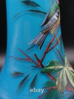 Antique Bohemian Harrach Blue Hand Painted Enamel Bird & Floral Art Glass Vase