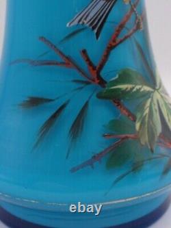 Antique Bohemian Harrach Blue Hand Painted Enamel Bird & Floral Art Glass Vase