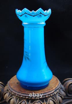 Antique Bohemian Harrach Blue Hand Painted Enamel Bird & Floral Art Glass Vase