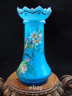 Antique Bohemian Harrach Blue Hand Painted Enamel Bird & Floral Art Glass Vase