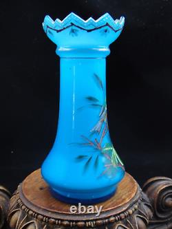 Antique Bohemian Harrach Blue Hand Painted Enamel Bird & Floral Art Glass Vase