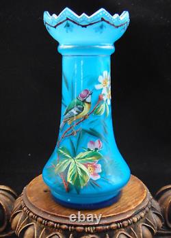 Antique Bohemian Harrach Blue Hand Painted Enamel Bird & Floral Art Glass Vase