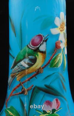 Antique Bohemian Harrach Blue Hand Painted Enamel Bird & Floral Art Glass Vase