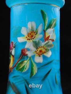 Antique Bohemian Harrach Blue Hand Painted Enamel Bird & Floral Art Glass Vase