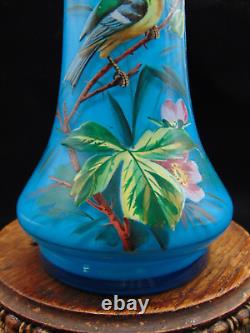 Antique Bohemian Harrach Blue Hand Painted Enamel Bird & Floral Art Glass Vase