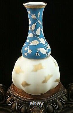 Antique Bohemian Harrach Blue Matte & Floral Enameled Art Glass Vase Gold Daubs