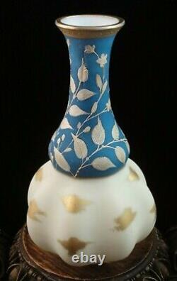 Antique Bohemian Harrach Blue Matte & Floral Enameled Art Glass Vase Gold Daubs