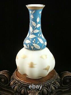 Antique Bohemian Harrach Blue Matte & Floral Enameled Art Glass Vase Gold Daubs