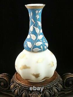 Antique Bohemian Harrach Blue Matte & Floral Enameled Art Glass Vase Gold Daubs