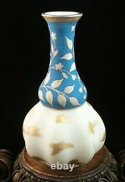 Antique Bohemian Harrach Blue Matte & Floral Enameled Art Glass Vase Gold Daubs