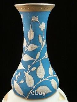 Antique Bohemian Harrach Blue Matte & Floral Enameled Art Glass Vase Gold Daubs