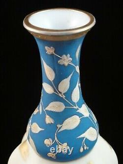 Antique Bohemian Harrach Blue Matte & Floral Enameled Art Glass Vase Gold Daubs
