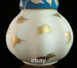 Antique Bohemian Harrach Blue Matte & Floral Enameled Art Glass Vase Gold Daubs